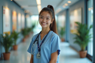 Jeune femme en scrubs souriante dans un hall universitaire moderne