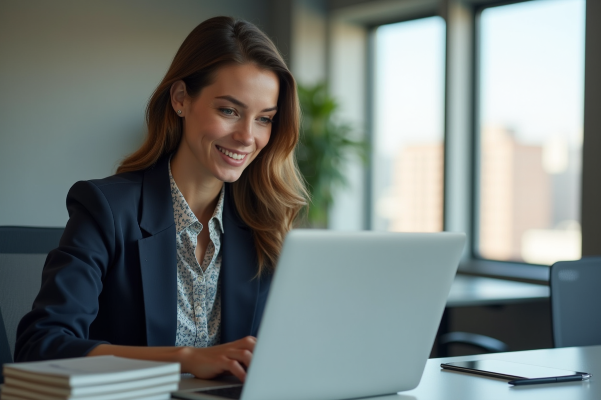Jeune femme en formation en ligne au bureau lumineux