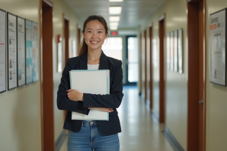 Jeune femme en blazer tenant un dossier dans un couloir universitaire