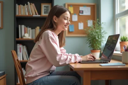 Jeune fille de 16 ans en sweatshirt pastel travaillant sur un ordinateur