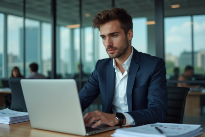Jeune homme d'affaires en costume bleu analyse des graphiques financiers