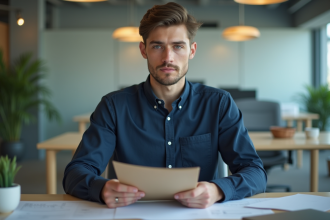 Jeune homme en bureau avec dossier et expression réfléchie