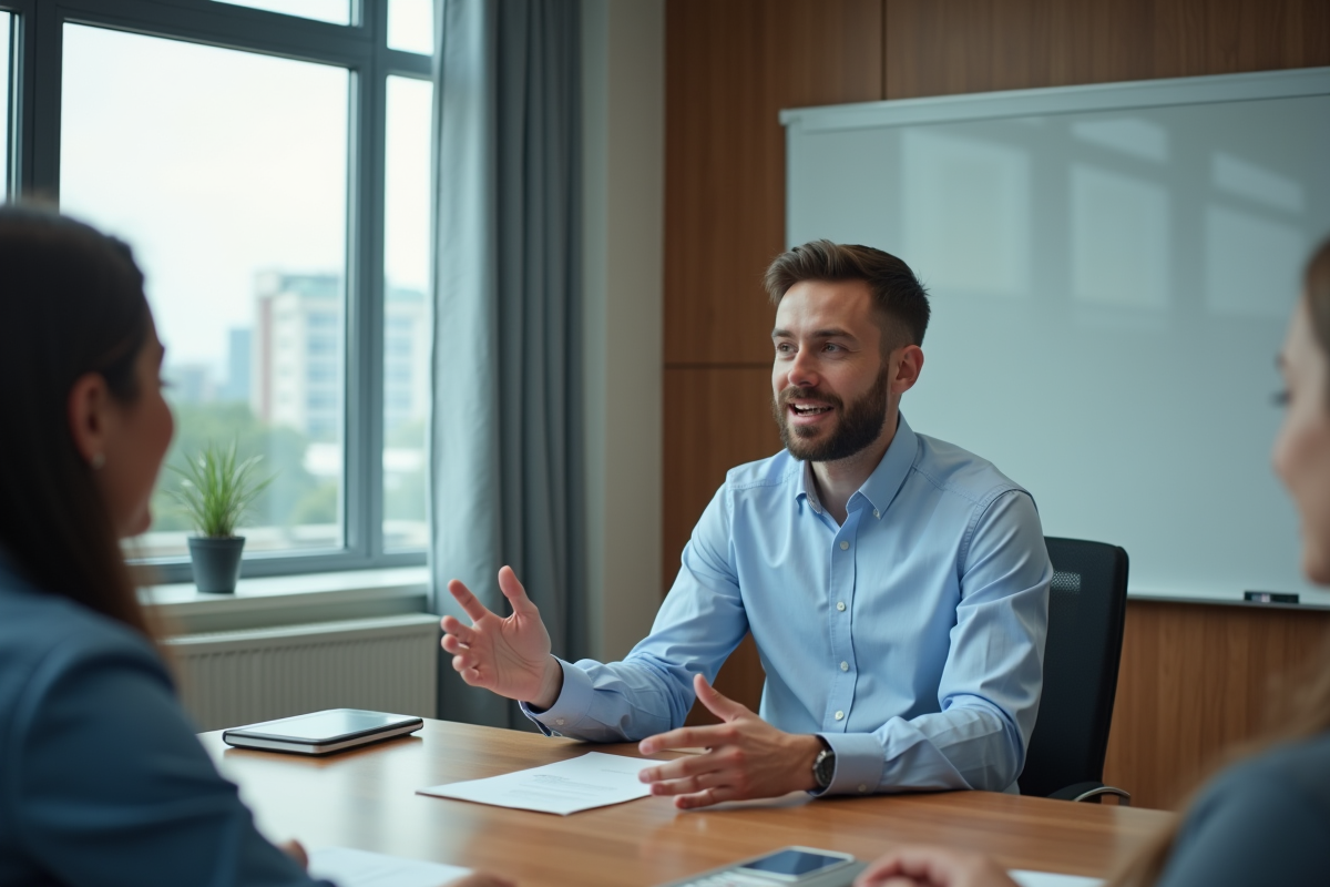 Jeune homme en réunion discutant avec collègues