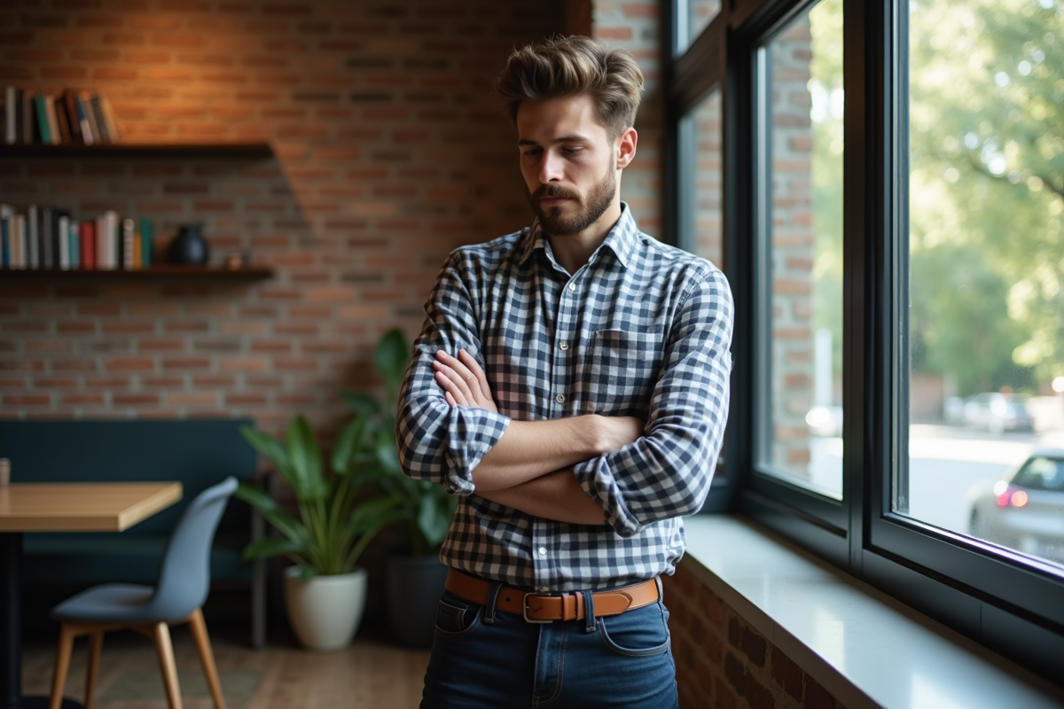 Jeune homme au coworking regardant par la fenêtre