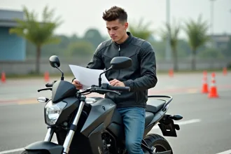 Jeune homme en moto textile en formation urbaine
