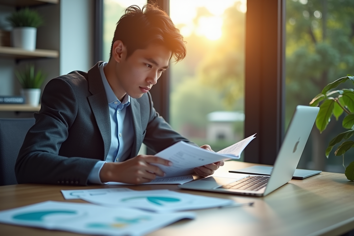 Jeune professionnel étudiant un livre de finance au bureau