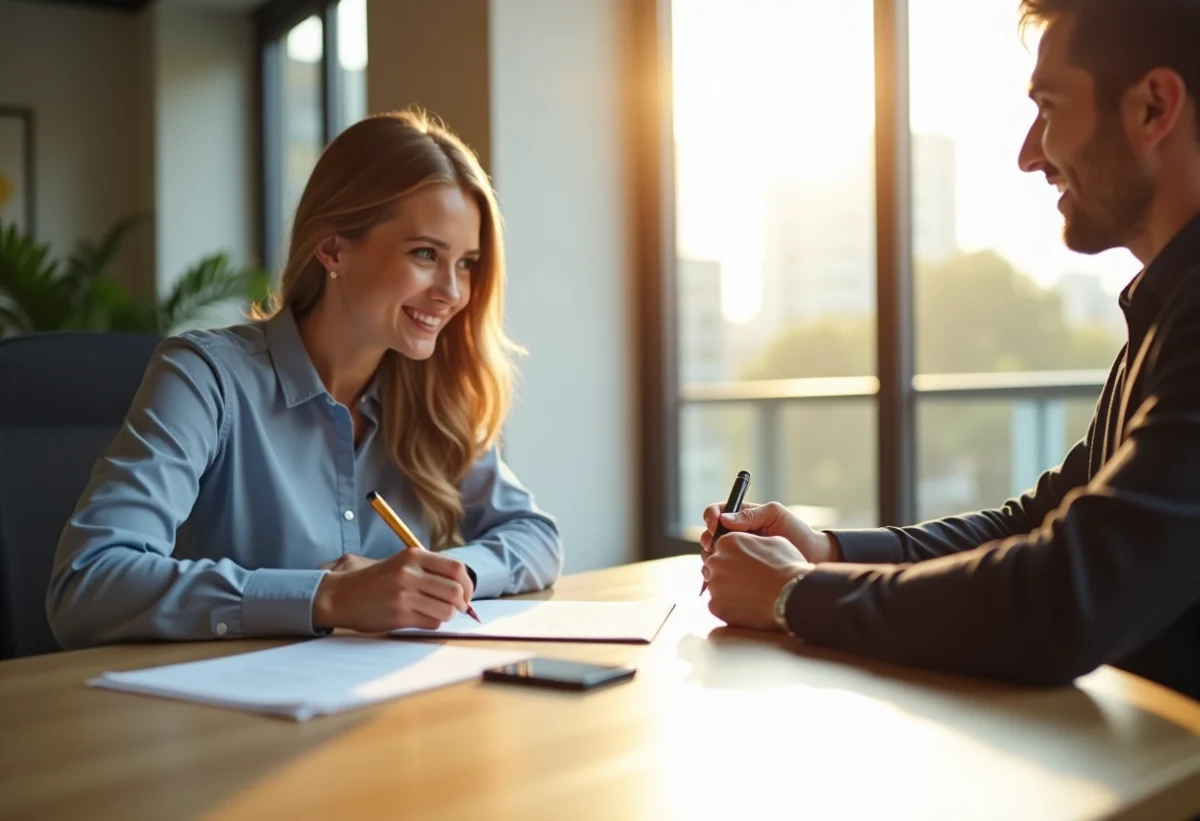Jeune professionnel signant un contrat dans un bureau lumineux