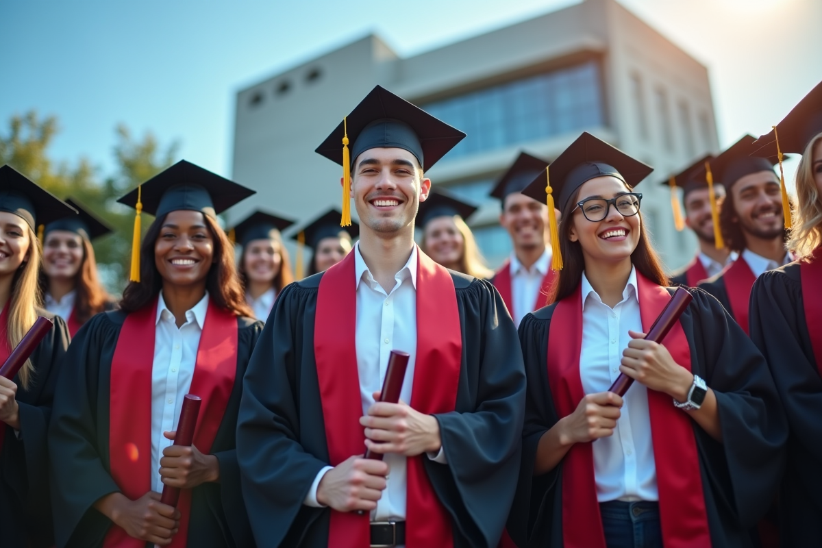 Groupe de jeunes diplômés souriants devant une université