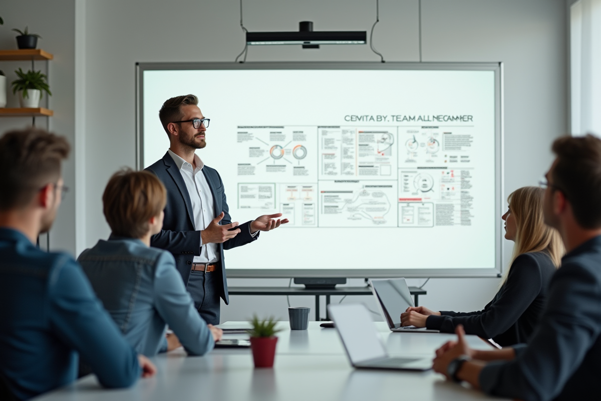 Leader confiant expliquant des diagrammes devant l