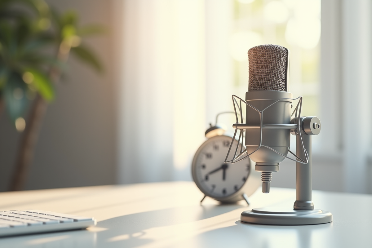 Microphone classique et horloge sur bureau blanc lumineux