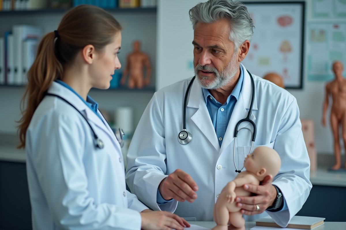 Professeur en blouse blanche guidant un étudiant en laboratoire médical