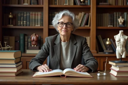 Professeure mature en tweed dans une biblioth&egrave;que ancienne