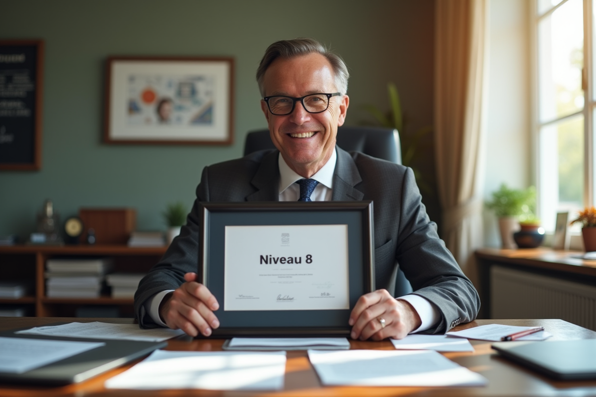 Adult professionnel tenant un diplôme niveau 8 dans un bureau