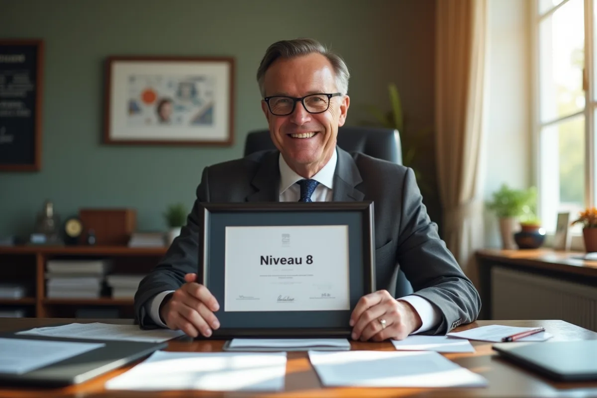 Adult professionnel tenant un diplôme niveau 8 dans un bureau