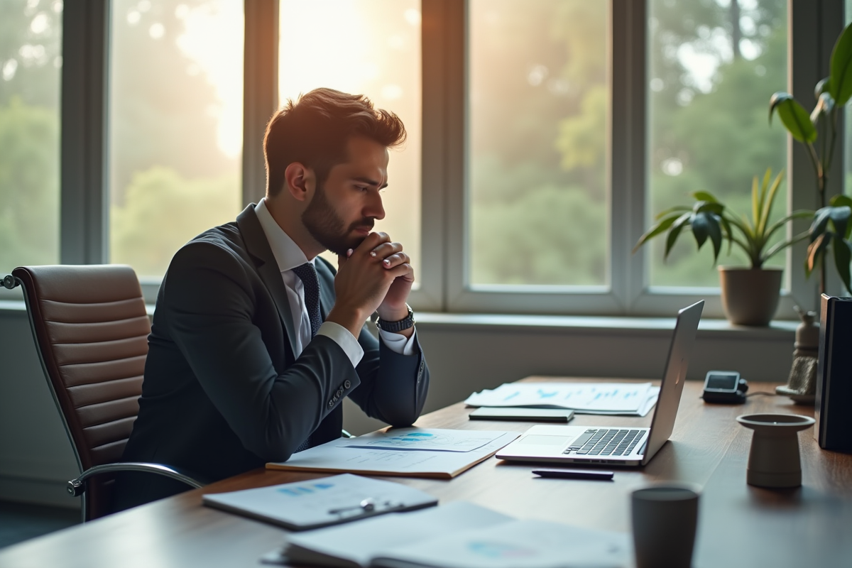 Professionnel réfléchi au bureau avec notes et ordinateur