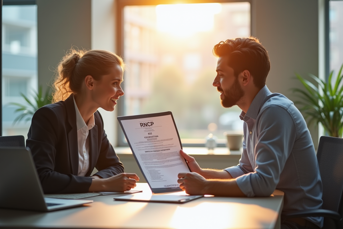 Deux professionnels discutant de certifications RS et RNCP au bureau