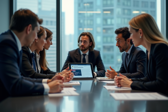 Groupe de professionnels lors d'une conférence sur la technologie disruptive