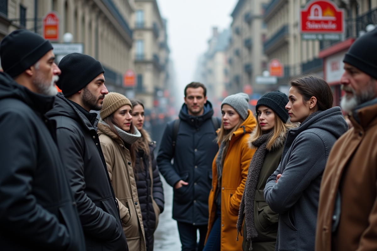 Groupe divers de Quebecois en discussion dans la rue