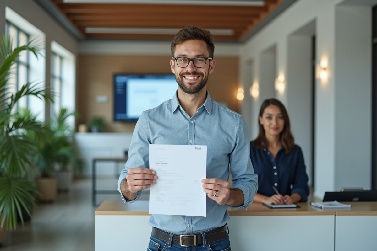 Homme tenant un certificat dans un centre de formation