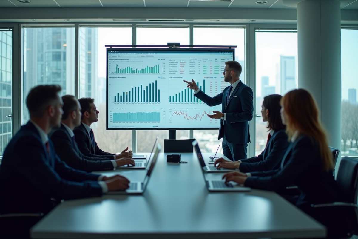 Réunion d'affaires en bureau moderne avec présentation de graphiques