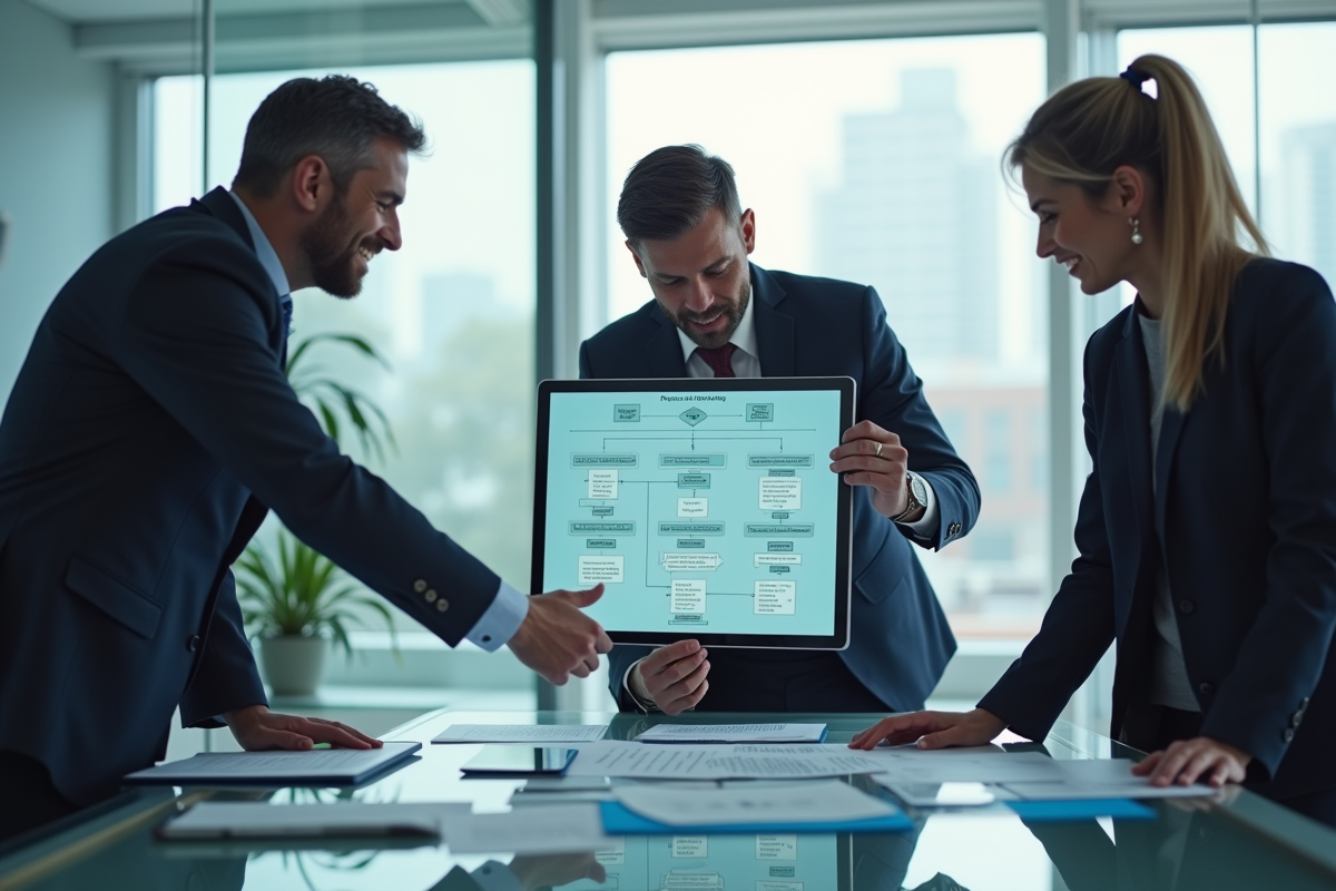 Trois professionnels discutent autour d'une table moderne avec un diagramme digital
