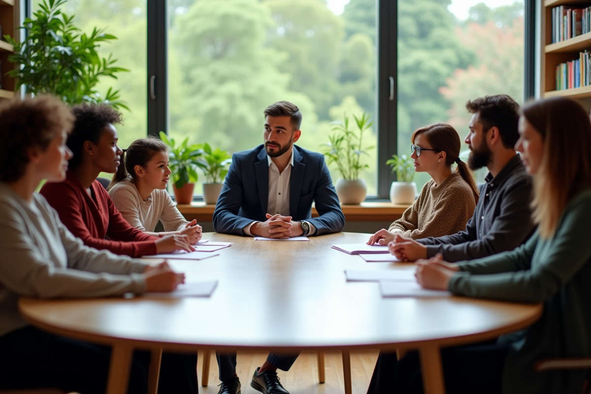 Réunion de parents et enseignants dans une salle moderne