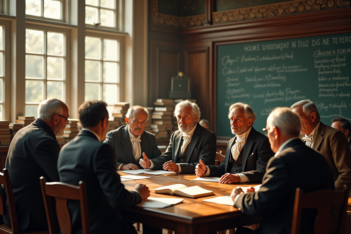 Salle de classe vintage avec éducateurs célèbres discutant