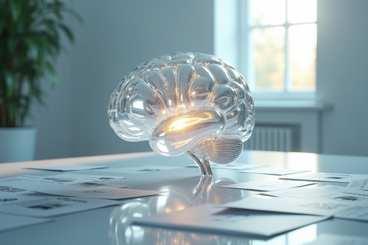 Sculpture en verre d un cerveau dans un espace minimaliste