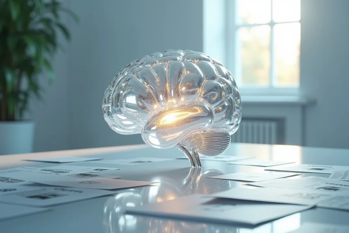 Sculpture en verre d un cerveau dans un espace minimaliste
