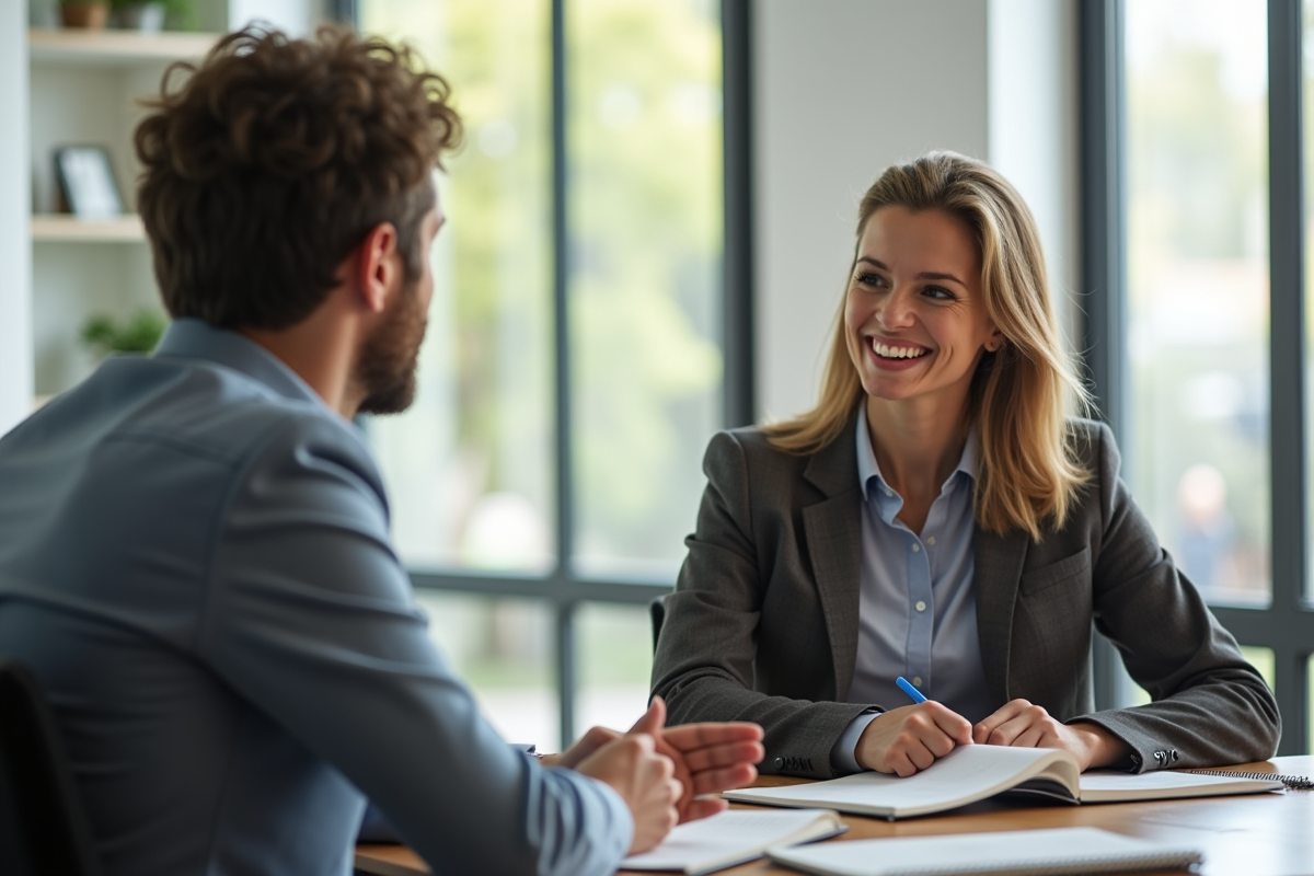Séance de coaching dans un bureau moderne avec un coach et un client souriant
