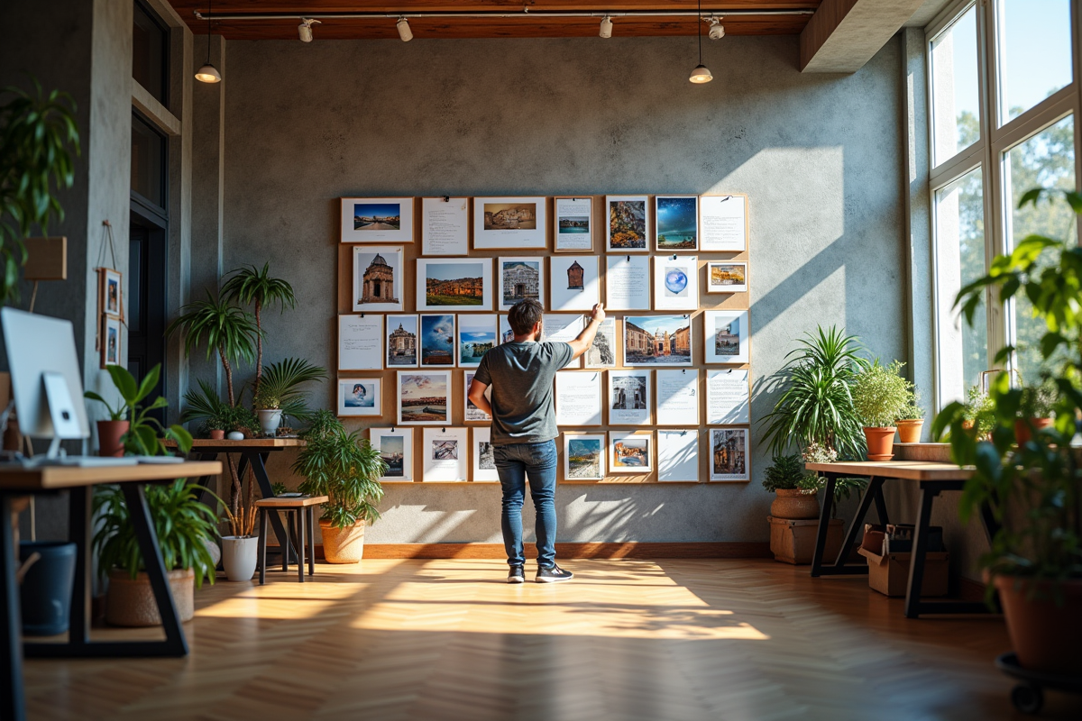 Mur de studio avec impressions et photographe en action