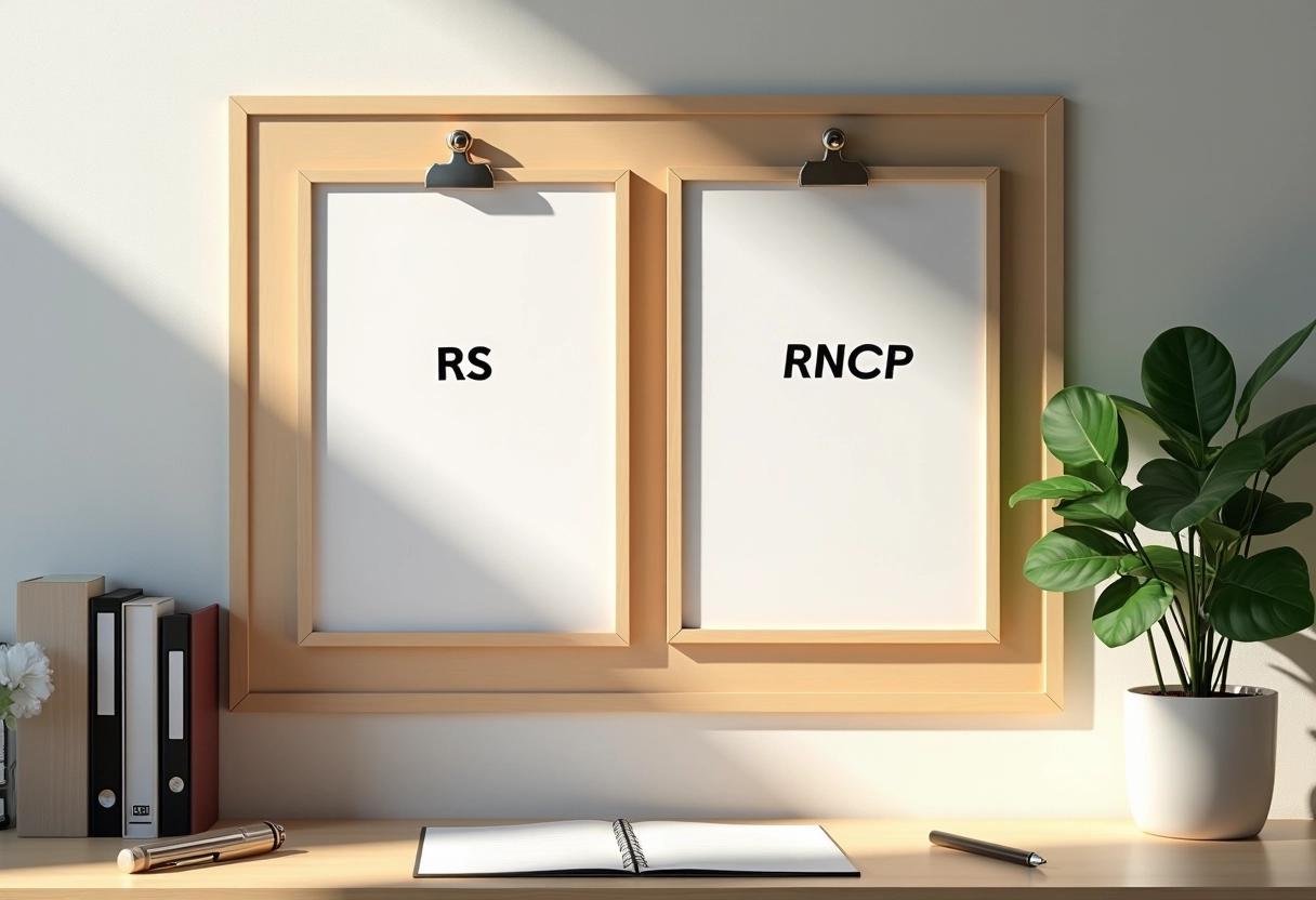 Tableau d affiches avec diplomas RS et RNCP sous lumière naturelle