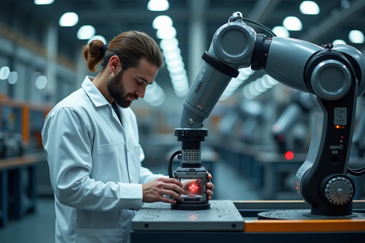 Technicien en robotique travaillant sur une machine industrielle