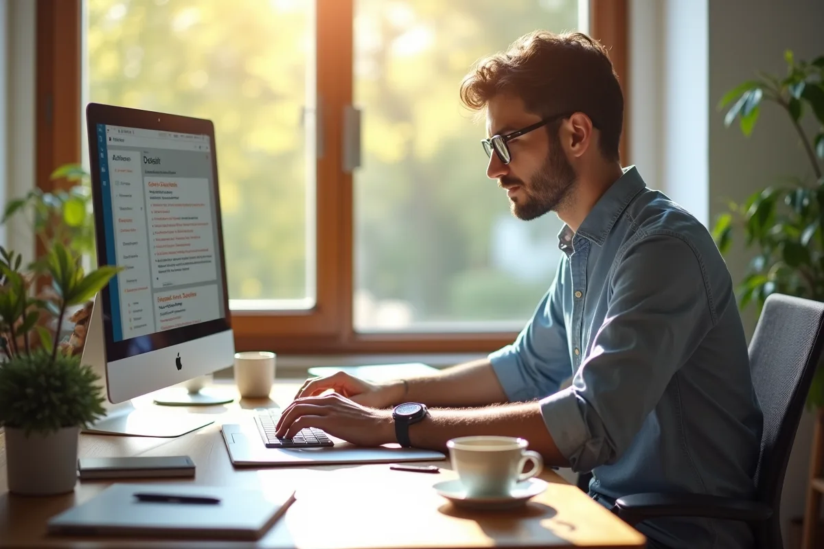 Professionnel travaillant à domicile sur Moodle avec café